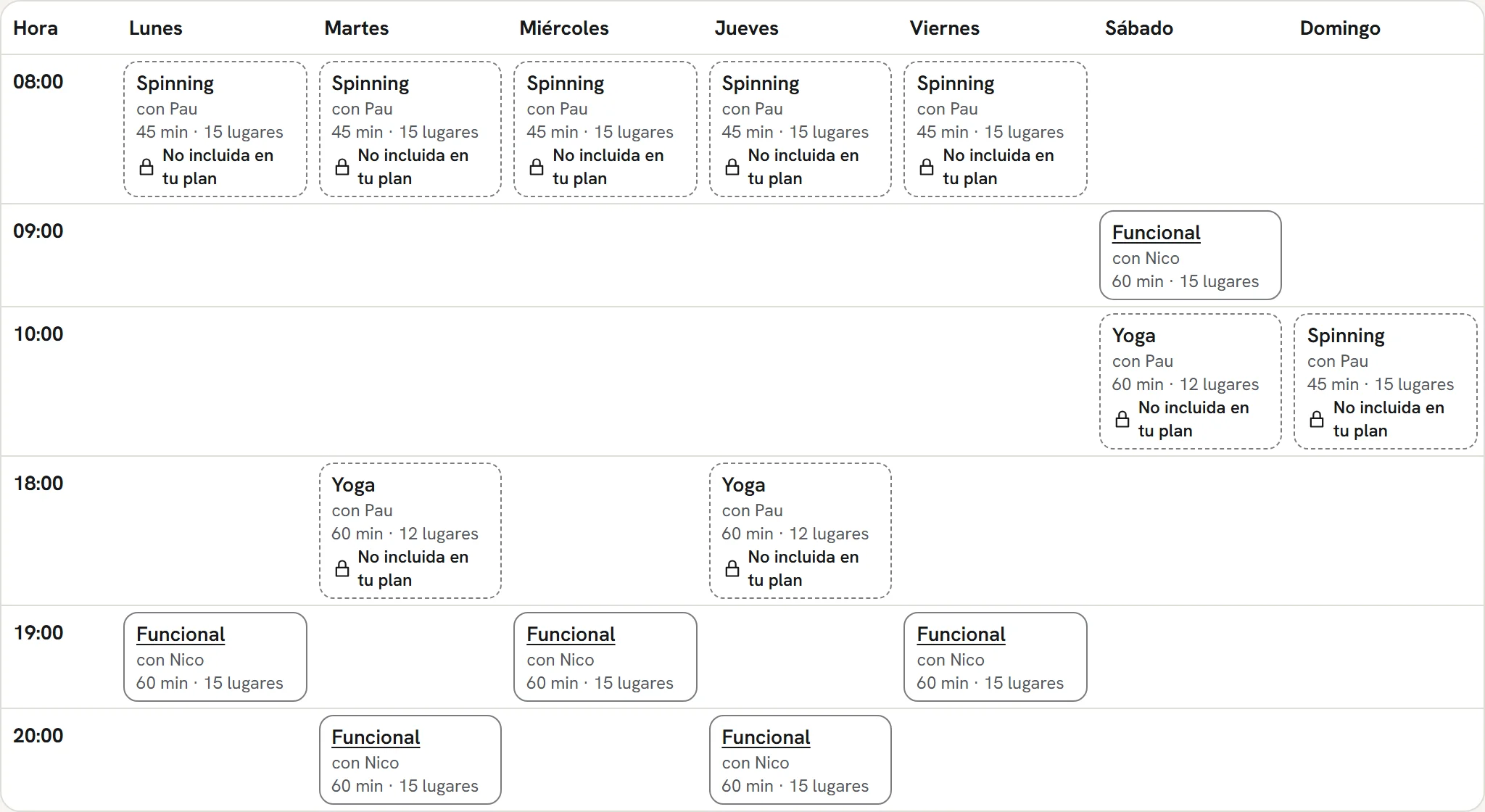 Ejemplo de la grilla semanal de clases en la página del socio: horarios por día, con el profe y lo que no incluye su plan.