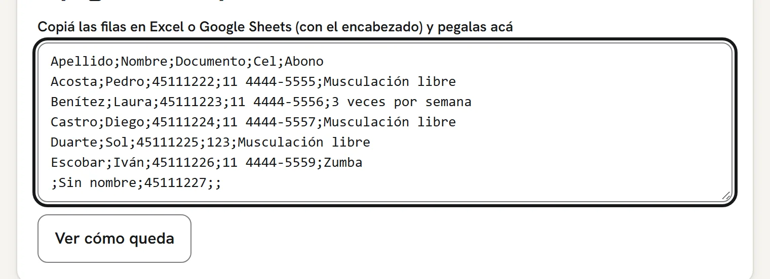 Ejemplo de la importación de socios en GymStation: se pegan las filas copiadas de una planilla.
