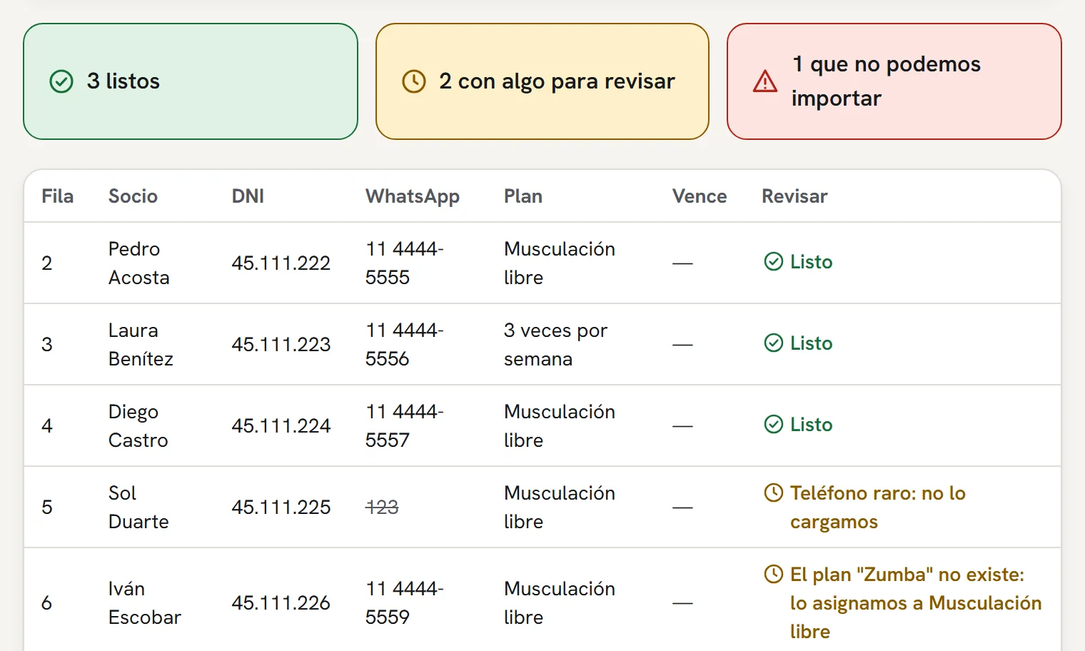 Ejemplo de la importación de socios en GymStation: se pegan filas de una planilla y aparece una vista previa antes de cargar.