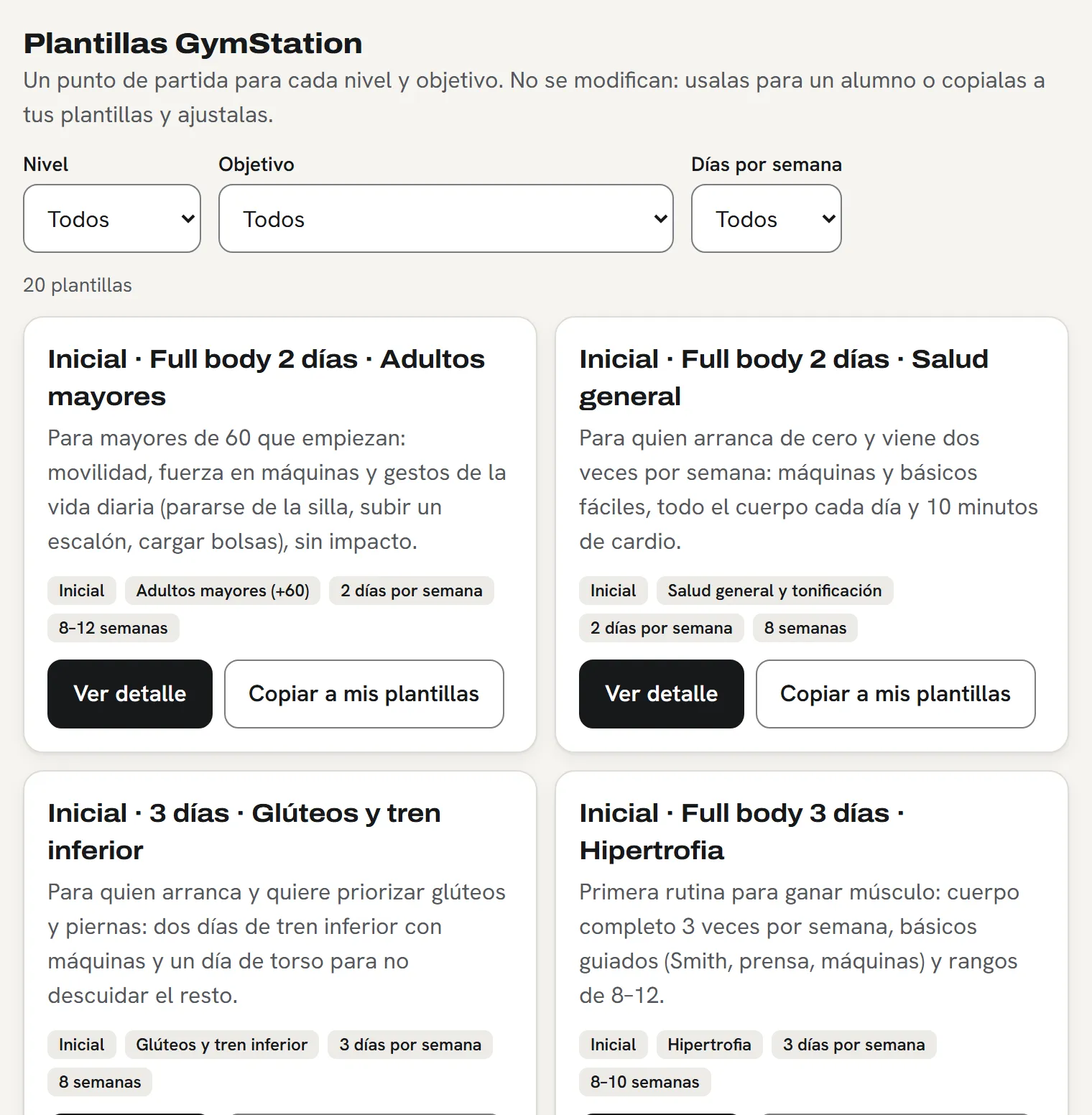 Ejemplo de las Plantillas GymStation: rutinas base por nivel, objetivo y días por semana, listas para copiar a un alumno.