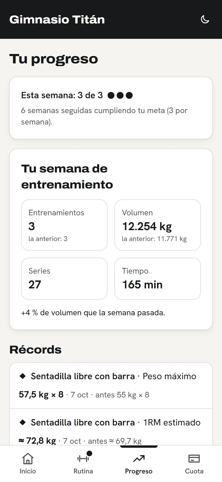 Ejemplo de la página del socio en el celular: sus récords y las semanas seguidas que viene cumpliendo.