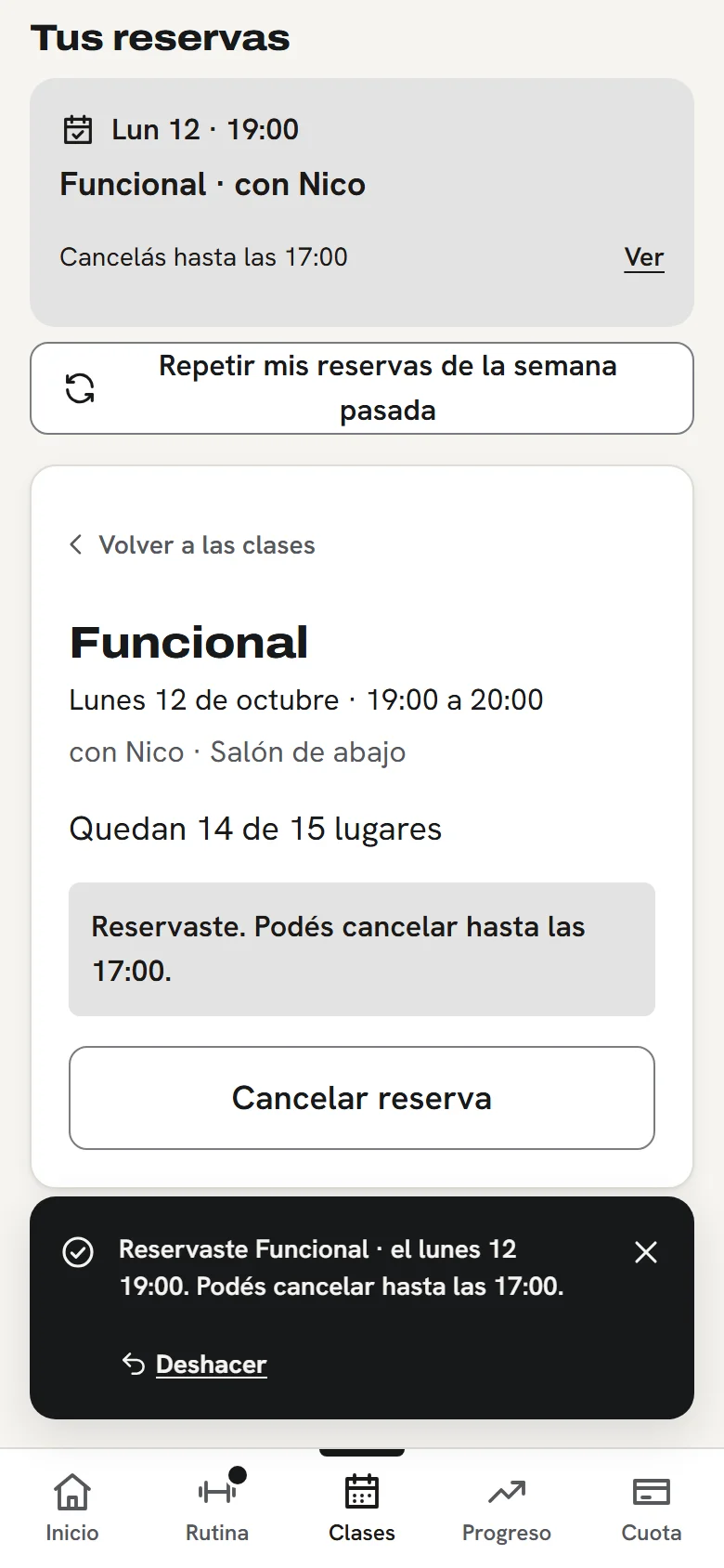 Ejemplo de la página del socio en el celular tras reservar Funcional: su reserva, hasta qué hora cancela y el aviso con Deshacer.